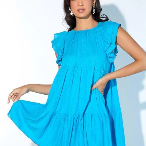 Aqua Neon Blue Linen Solid Ruched Ruffle Hem Dress- 6 - Picture 3 of 5